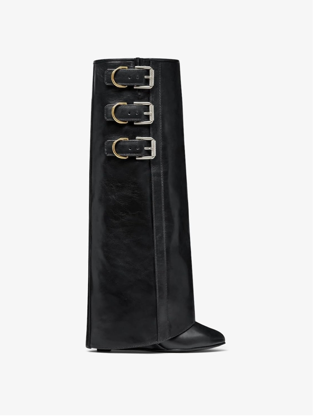 Black Leather Knee-High Heeled Boots with Triple Buckles
